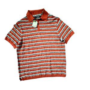 AllSaints Men's Stafford SS Polo Shirt Red/Grey Stripes Wool Alpaca Blend S